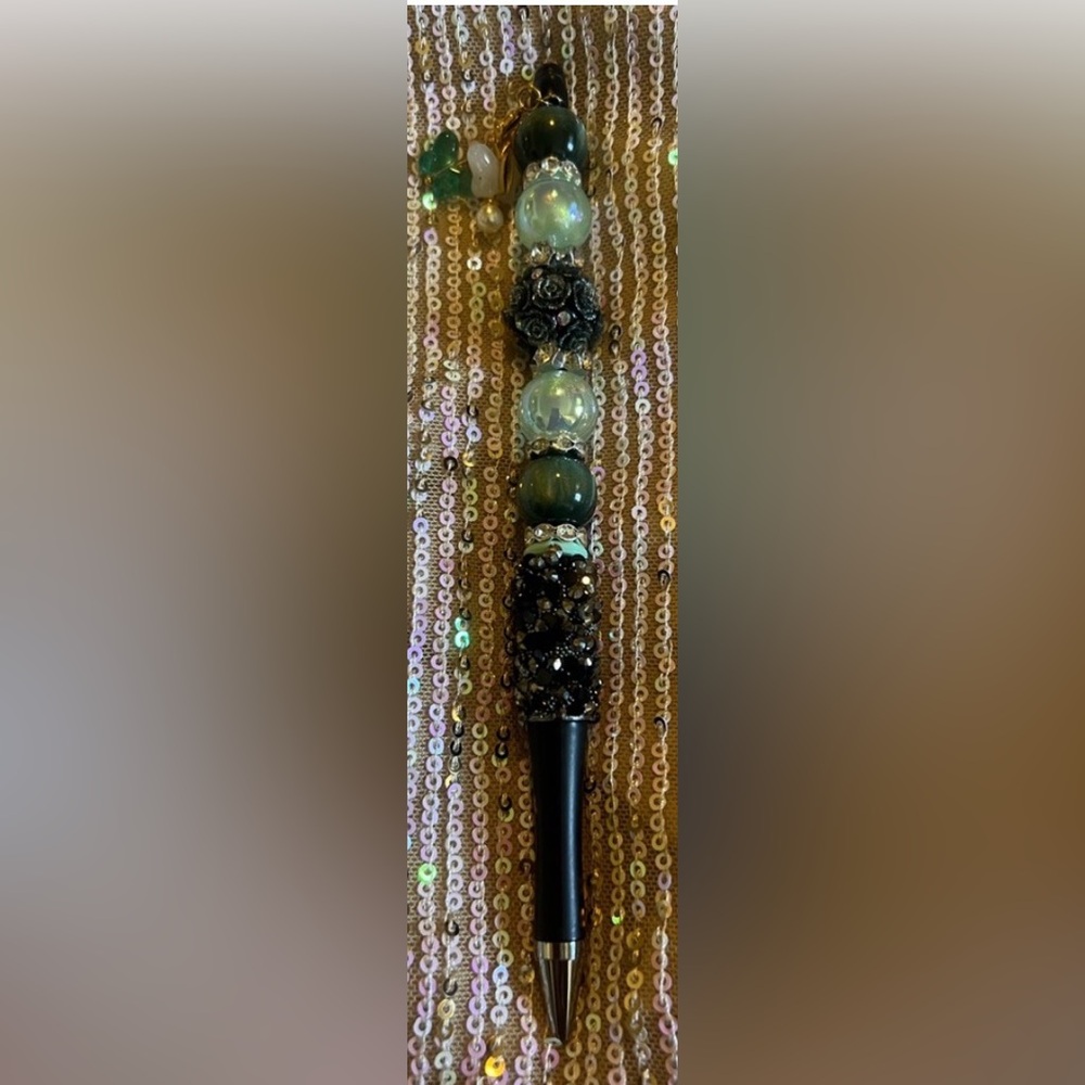 Gorgeous Handmade Extended Size Beaded Embellished Black and Green Pen